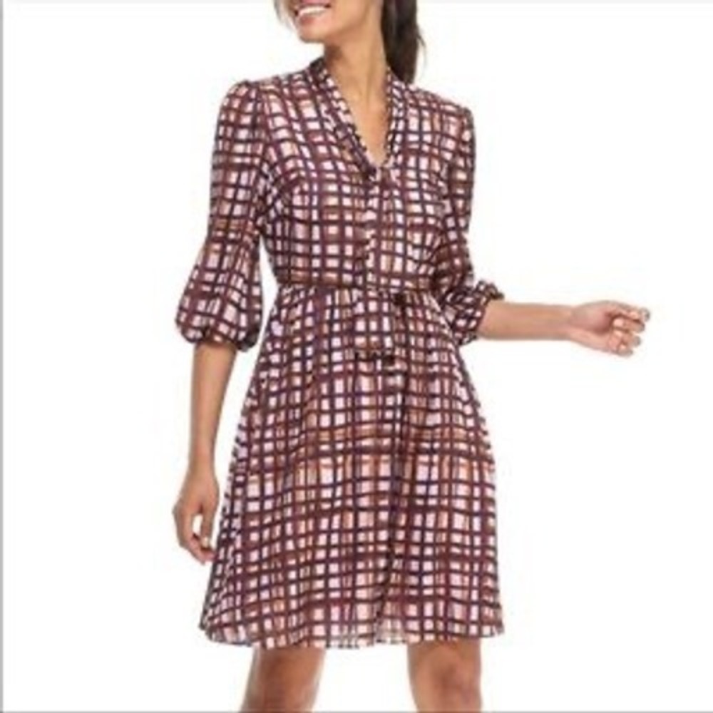 Gal Meets Glam Lindsey Painted Windowpane Tie Neck Dress Plaid Pink Purple